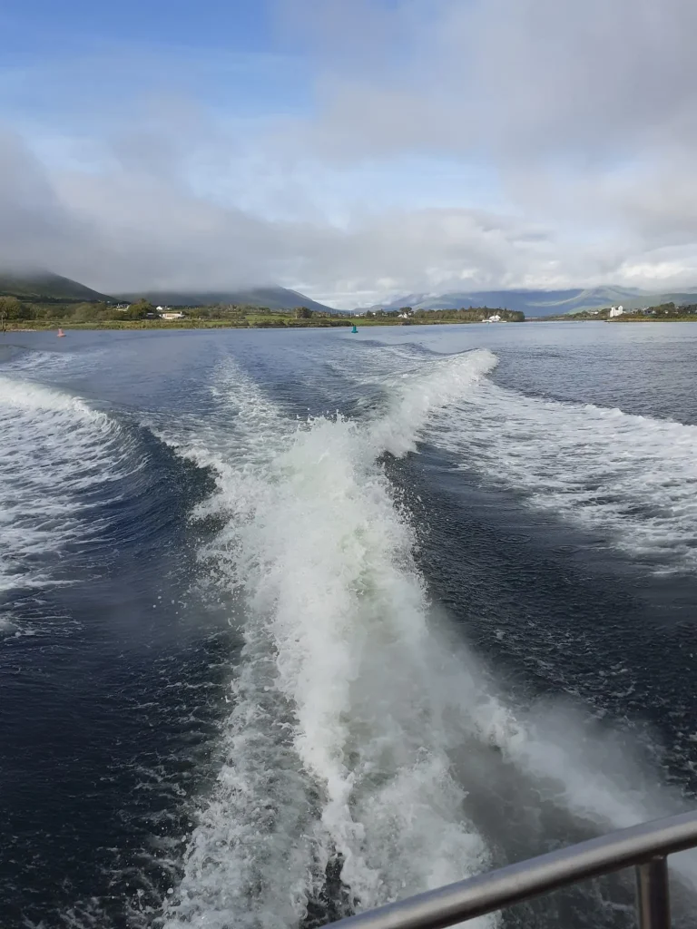 The Skellig Islands Wake behind the boat heading out to sea from Valentia